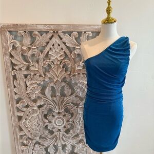Royal Blue One-Shoulder Ruched Mini Dress – Bold & Chic